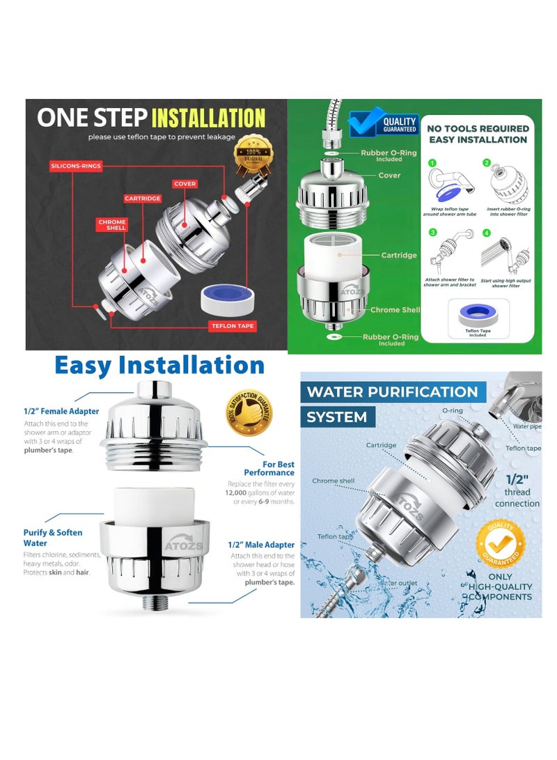 أتوزس فلتر دش ATOZS، فلتر دش 15 مرحلة للمياه العسيرة، فلتر رأس دش مضاد للشعر، فلتر تنقية المياه KDF يزيل الكلور والملوثات الضارة، يمنع تساقط الشعر، كروم - Image 5