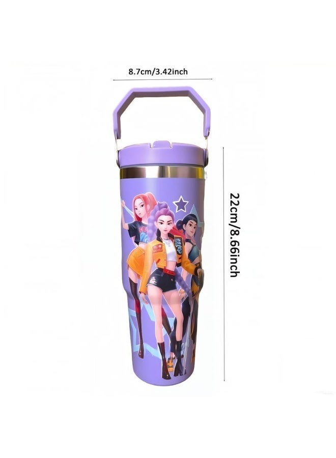 ECLux K-Pop ghost hunter-themed reusable vacuum insulated tumbler comes with a lid and straw, making it perfect for travel, work, study, and everyday coffee drinking（Purple） - Image 4