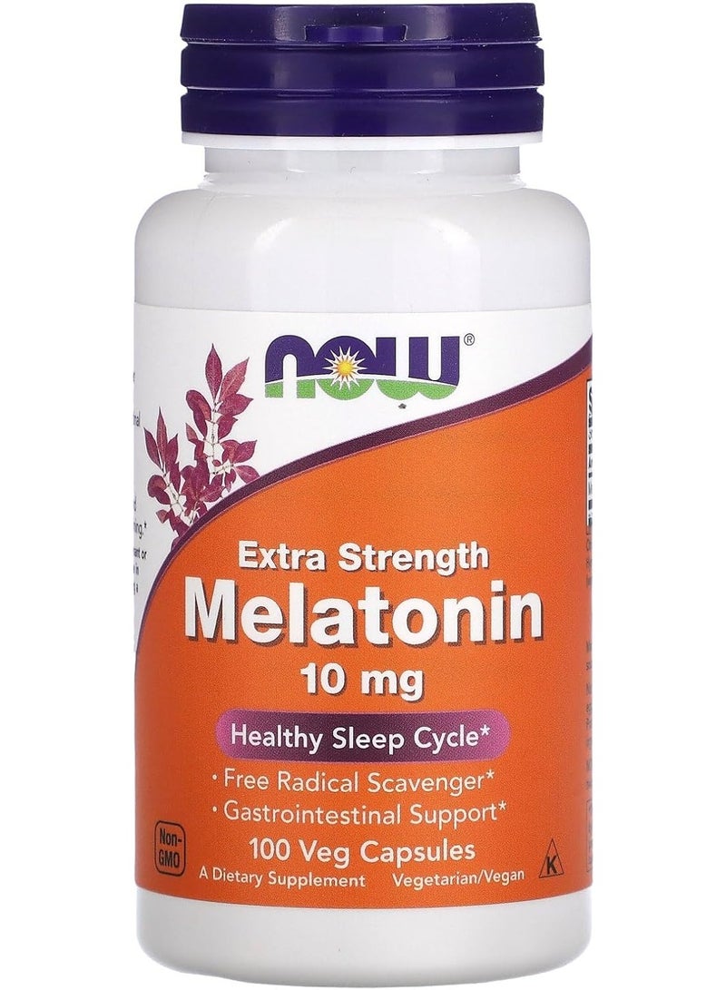 now NOW Supplements, Melatonin, Extra Strength 10 mg, Free Radical Scavenger*, Healthy Sleep Cycle*, 100 Veg Capsules - Image 1