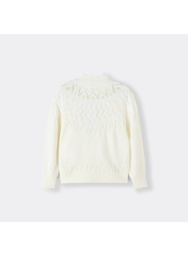 Annil Kids Girls' Crew Neck Long Sleeve Knit Sweater Winter New Pullover Milk Candy White 120