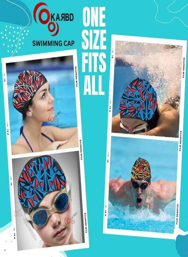 KARBD Silicone Swimming Cap Unisex Soft Waterproof Swimming Pool Head Cap Water Sports Long Hair for Children Kids Boys Girls of All Age (Universal Size, Multicolour Black Red Grey Pattern Design) - Image 2