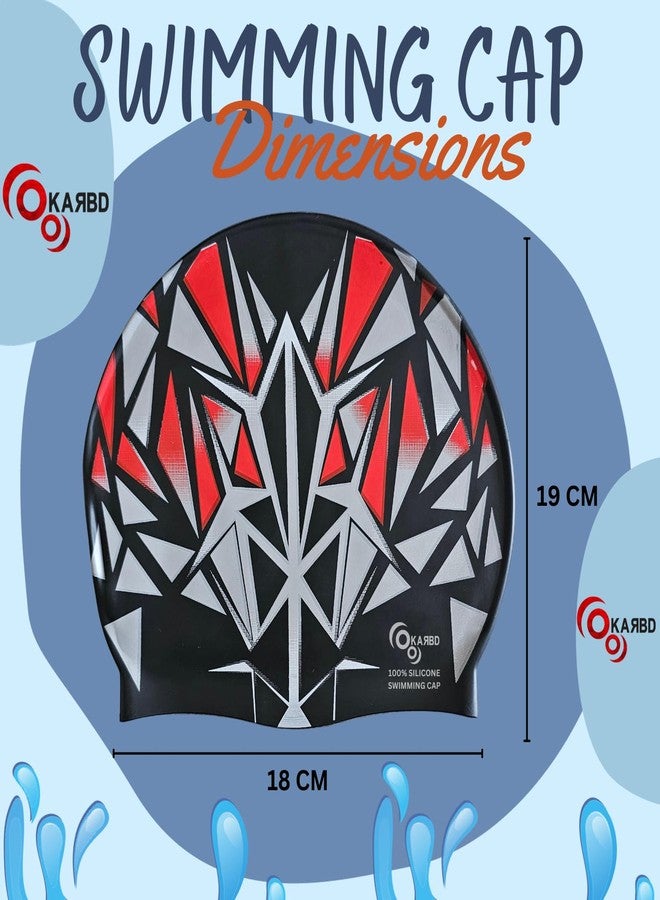 KARBD Silicone Swimming Cap Unisex Soft Waterproof Swimming Pool Head Cap Water Sports Long Hair for Children Kids Boys Girls of All Age (Universal Size, Multicolour Black Red Grey Pattern Design) - Image 3