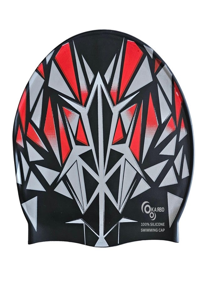 KARBD Silicone Swimming Cap Unisex Soft Waterproof Swimming Pool Head Cap Water Sports Long Hair for Children Kids Boys Girls of All Age (Universal Size, Multicolour Black Red Grey Pattern Design) - Image 1