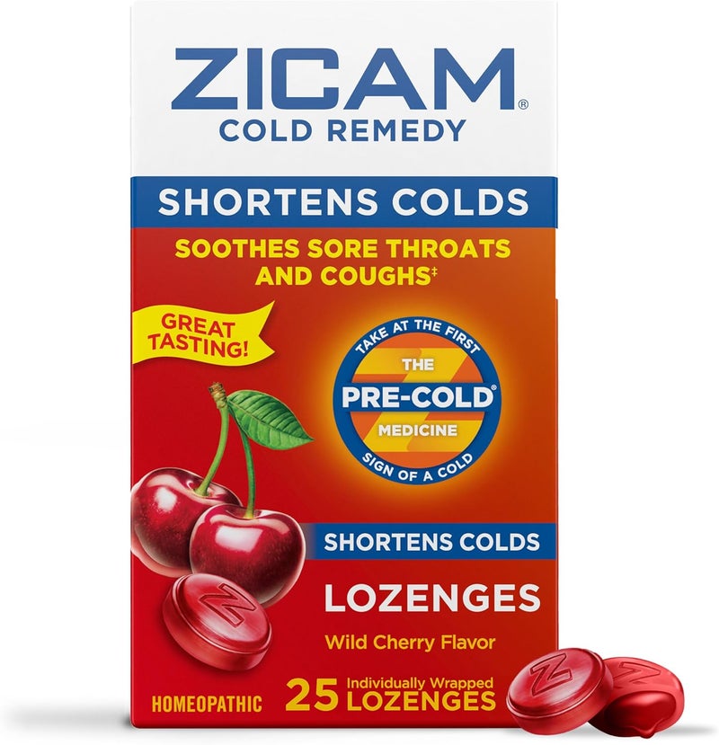 Zicam علاج البرد أقراص الزنك بنكهة الكرز البري هوموباثيك يخفف التهاب الحلق والسعال دواء تقصير البرد يقلل من مدة البرد 25 حبة - Image 1