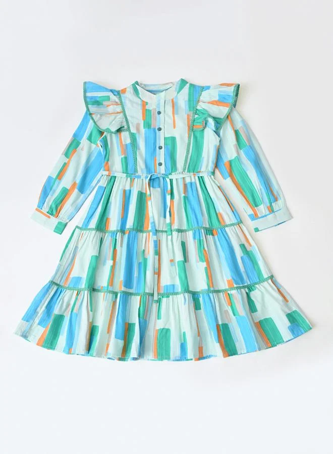 Bella Moda Girls Geometric Print Cotton Tiered Dress with Puff Sleeves