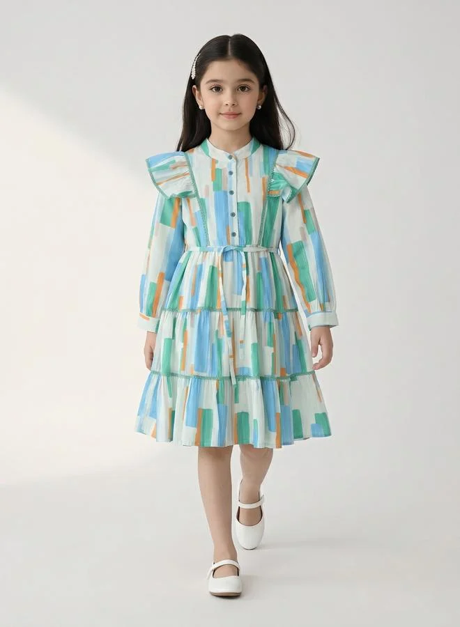 Bella Moda Girls Geometric Print Cotton Tiered Dress with Puff Sleeves