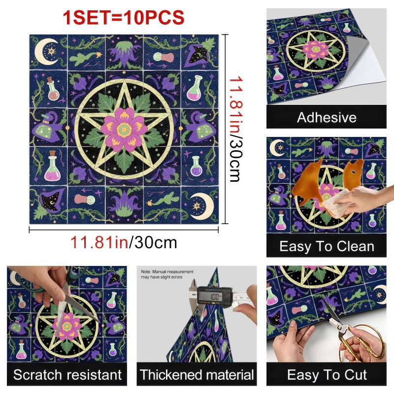 HOMETITUTE 10PCS 12x12 Inch Witch Star and Potion Bottle Halloween Floor Tiles Peel and Stick Removable Self Adhesive DIY Vinyl Flooring Stickers for Kitchen Bathroom Living Room Entryway Home Decor - Image 3