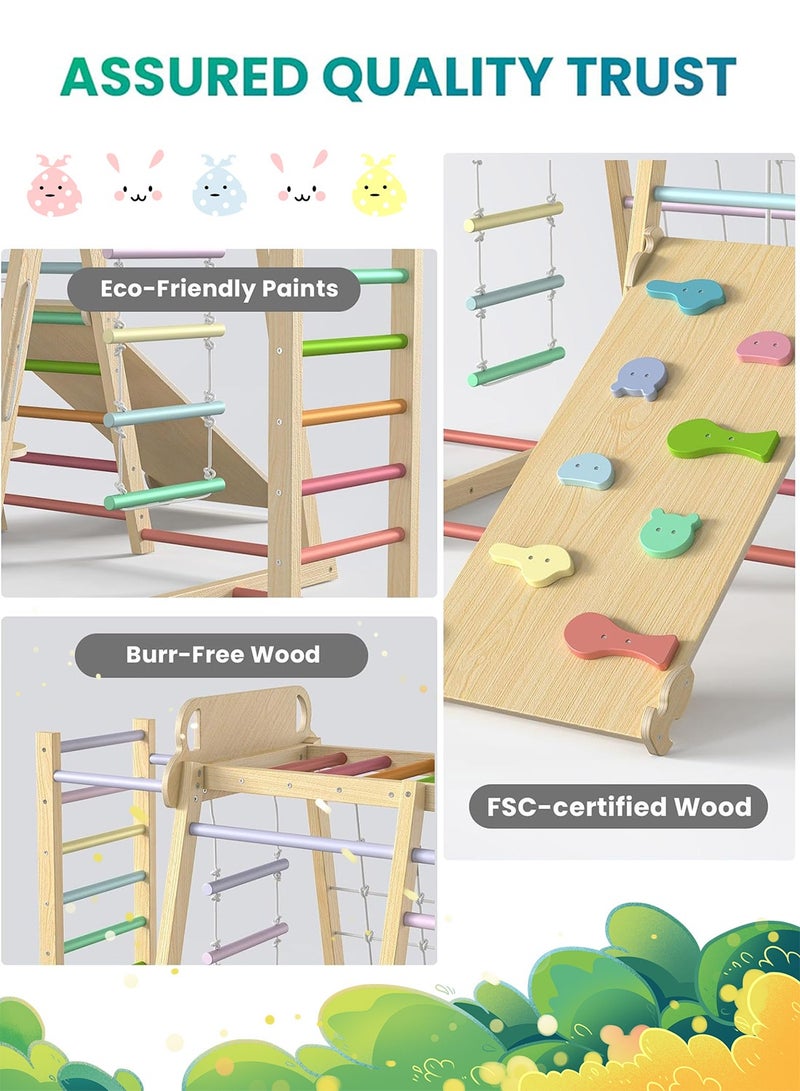 MaBaby Indoor Jungle Gym, 7 Functions Wooden Baby Toddler Climbing Toys Montessori Climber Playset for Kids with Slide, Climbing Rock, Climbing Net, Monkey Bars, Crawing Ladder, Rope Ladder and Swing - Image 5