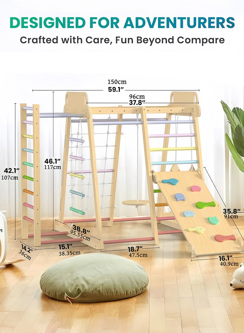 MaBaby Indoor Jungle Gym, 7 Functions Wooden Baby Toddler Climbing Toys Montessori Climber Playset for Kids with Slide, Climbing Rock, Climbing Net, Monkey Bars, Crawing Ladder, Rope Ladder and Swing - Image 4