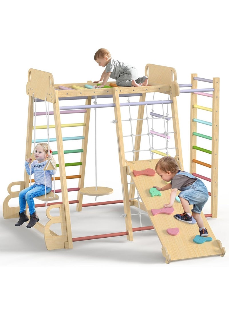MaBaby Indoor Jungle Gym, 7 Functions Wooden Baby Toddler Climbing Toys Montessori Climber Playset for Kids with Slide, Climbing Rock, Climbing Net, Monkey Bars, Crawing Ladder, Rope Ladder and Swing - Image 1
