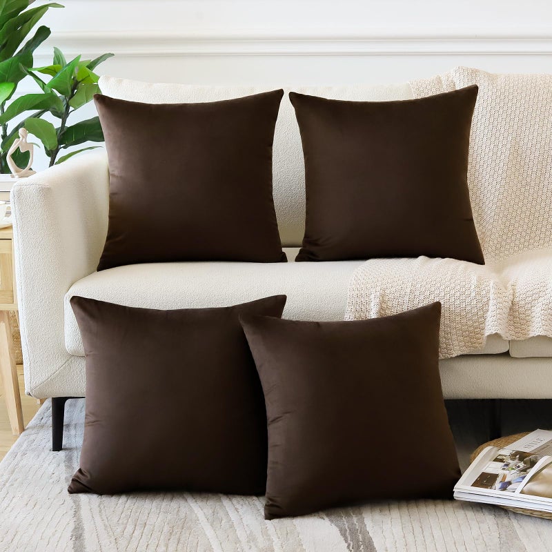 OTOSTAR Set of 4 Decorative Throw Pillow Covers Soft Velvet Solid Square Pillow Cases Luxury Cushion Covers Case for Sofa Car Patio Bedroom Living Room 18x18 Inch Chocolate Brown