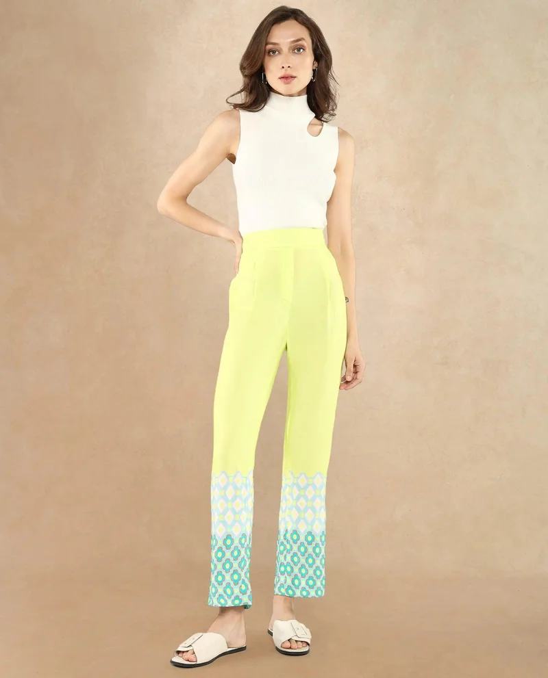 Rareism Women's Geometric Print Straight Fit Ankle-Length Trousers