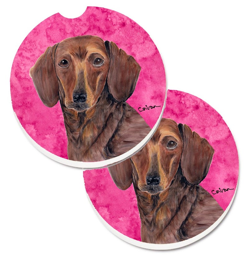 Caroline's Treasures SC9137PKCARC Pink Dachshund Set of 2 Cup Holder Car Coasters Absorbent Sandstone Coasters for Car Cup Holders Gifts for Men or Women  Large  Multicolor