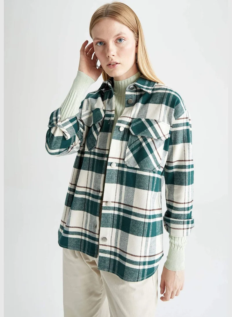 ديفاكتو Woman Shacket Shirt Neck Woven Long Sleeve Tunic