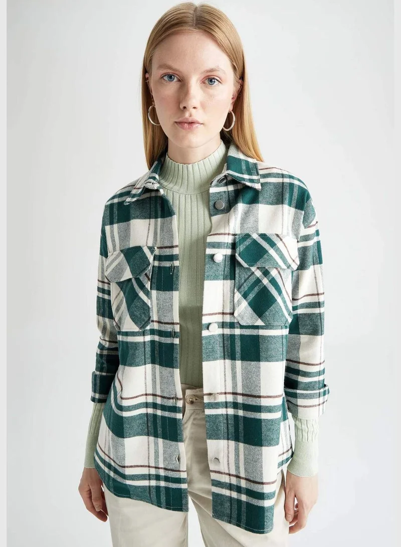 ديفاكتو Woman Shacket Shirt Neck Woven Long Sleeve Tunic