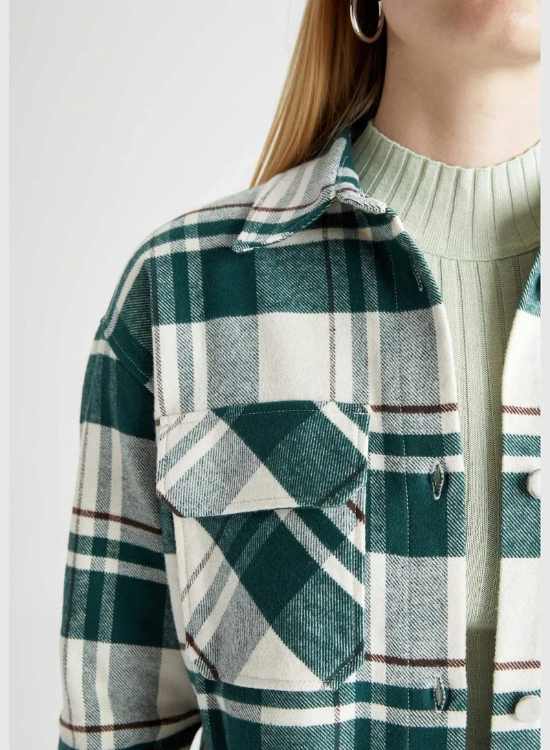 ديفاكتو Woman Shacket Shirt Neck Woven Long Sleeve Tunic
