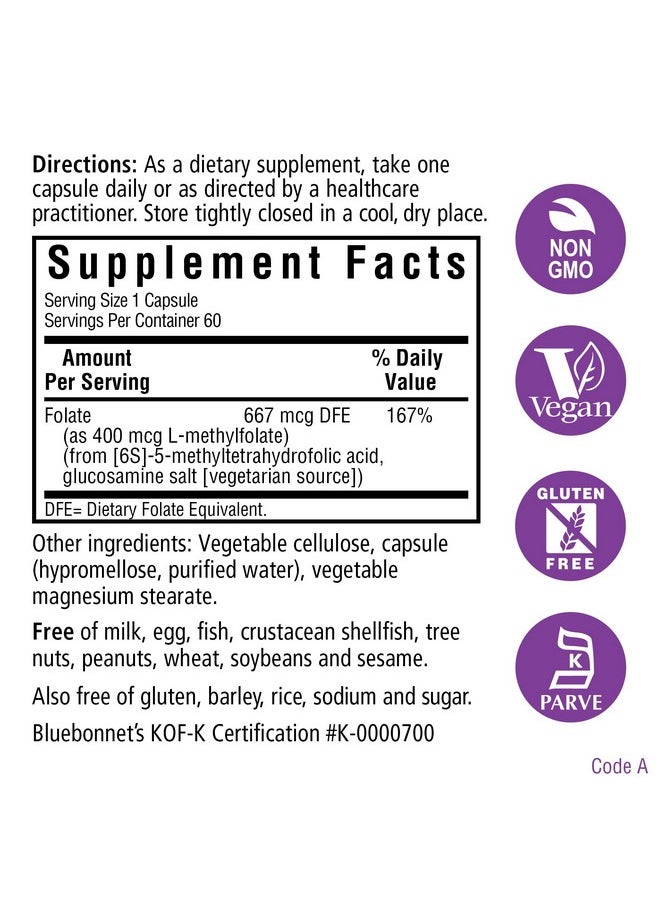 Bluebonnet - Nutrition Cellularactive Methylfolate 400 Mcg Formulated With Quatrefolic For Energy Mood And Prenatal Health Vegan Gluten Free Non Gmo And Kosher 60 Capsules 60 Servings - Image 1