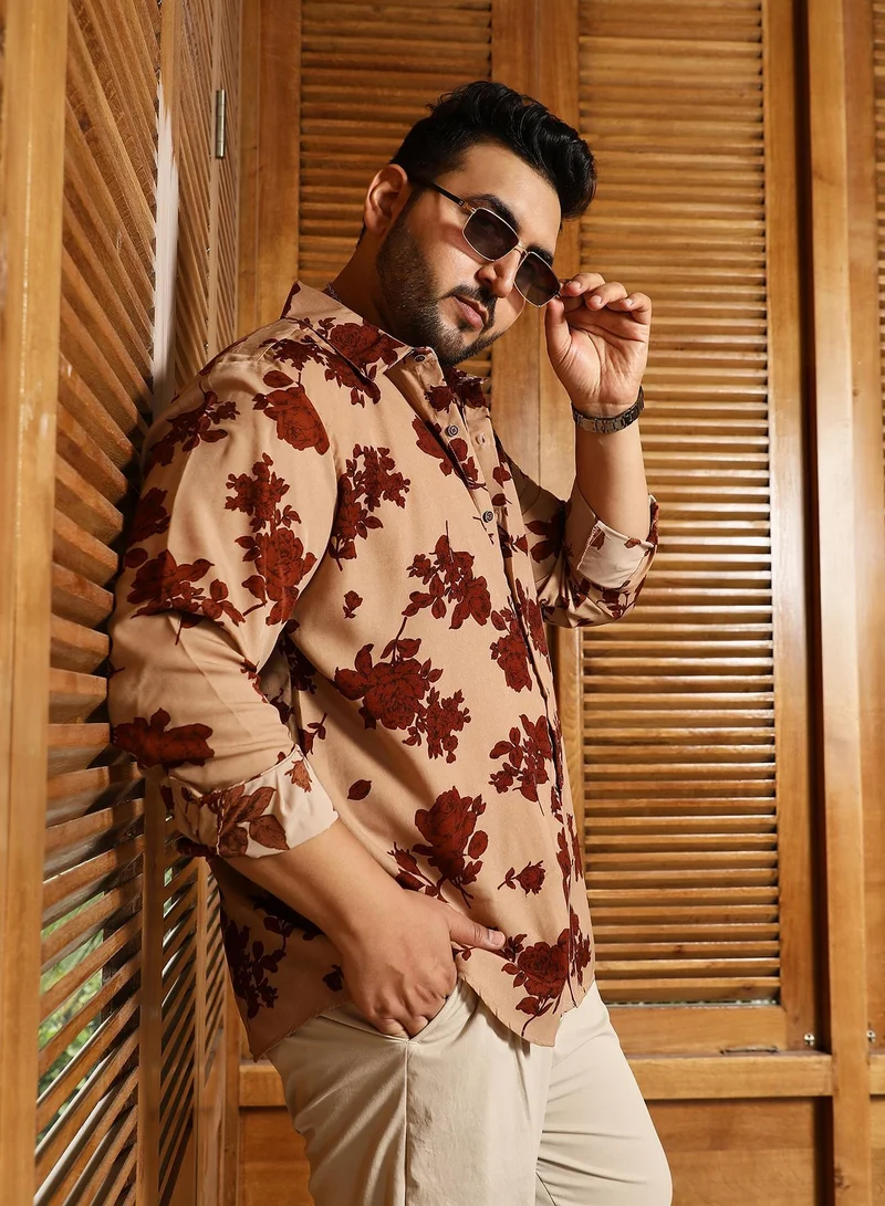 Instafab Plus Instafab Plus Men's Brown & Beige Contrast-Roses Imprint Shirt | Spread Collar , Long Cuffed Sleeves , Button Closure , Curved Hemline | Floral-Print Plain Polyester For Street & Casual Wear