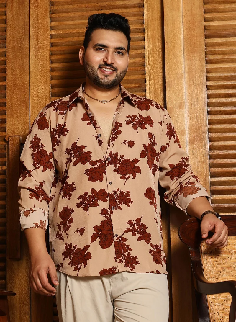 Instafab Plus Instafab Plus Men's Brown & Beige Contrast-Roses Imprint Shirt | Spread Collar , Long Cuffed Sleeves , Button Closure , Curved Hemline | Floral-Print Plain Polyester For Street & Casual Wear