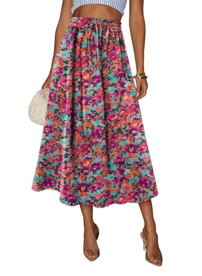 Magritta Women's Print Midi Skirt with Pocket Elastic High Waist 2025 Trendy A-Line Bohe Leopardr Swing Skirts for Women, Flower Orange, S - Image 2