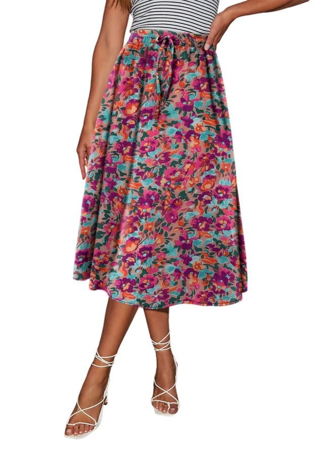 Magritta Women's Print Midi Skirt with Pocket Elastic High Waist 2025 Trendy A-Line Bohe Leopardr Swing Skirts for Women, Flower Orange, S - Image 5