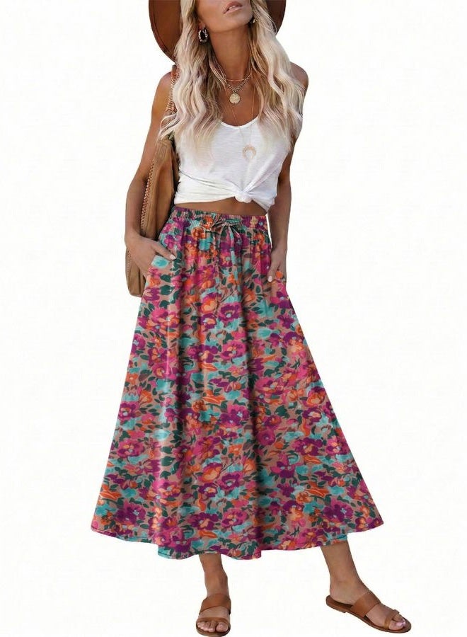 Magritta Women's Print Midi Skirt with Pocket Elastic High Waist 2025 Trendy A-Line Bohe Leopardr Swing Skirts for Women, Flower Orange, S - Image 1