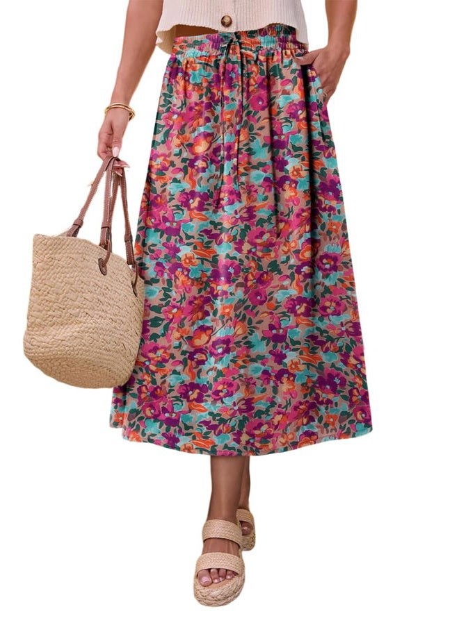 Magritta Women's Print Midi Skirt with Pocket Elastic High Waist 2025 Trendy A-Line Bohe Leopardr Swing Skirts for Women, Flower Orange, S - Image 4
