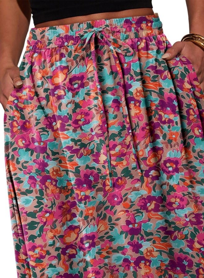 Magritta Women's Print Midi Skirt with Pocket Elastic High Waist 2025 Trendy A-Line Bohe Leopardr Swing Skirts for Women, Flower Orange, S - Image 3