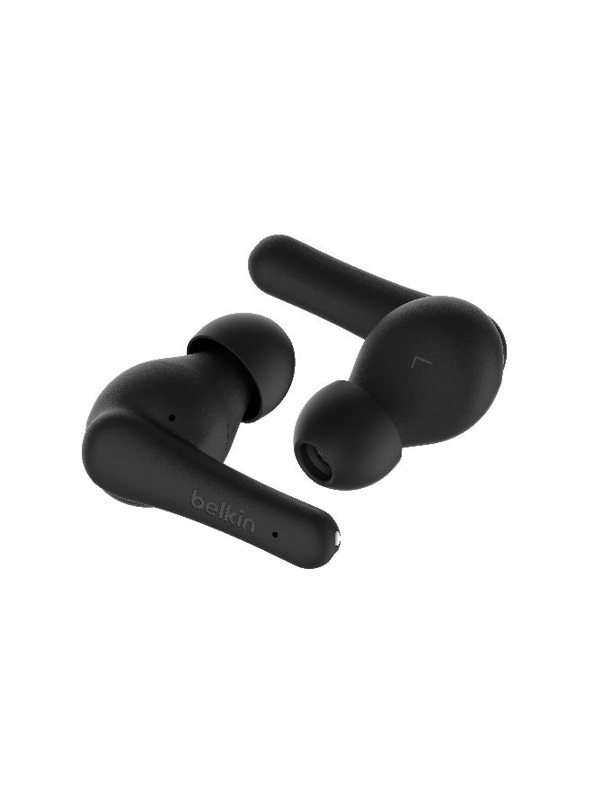 بيلكين سماعات أذن SoundForm Rhythm True لاسلكية بميكروفون، شحن سريع بمنفذ USB-C، عمر بطارية 28 ساعة، مقاومة للماء طبقًا لمعيار IPX5 - سماعات أذن بتقنية Bluetooth لأجهزة iPhone وiPad وGalaxy وPixel - أسود - Image 3