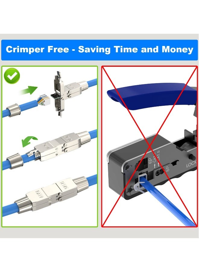 موصل RJ45 Cat7، موصل RJ45 محمي بدون أدوات، موسّع كابل Ethernet بدون أدوات PoE+، موصل كابل Ethernet LAN لكابلات Cat7/Cat6A عبوة من 2، فضي - Image 4