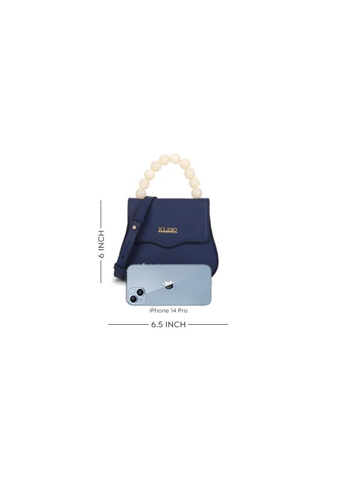 KLEIO Textured Leather Mini Handbag for Women - Royal Blue with Beaded Handle - Image 4