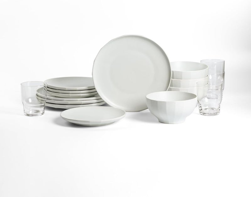 Stone Lain Rio Stoneware 16 Piece Dinnerware Set Plates and Bowls Sets Beige Dish Set with Clear Fluted Glasses Service for 4 Microwave and Dishwasher Safe - Image 1