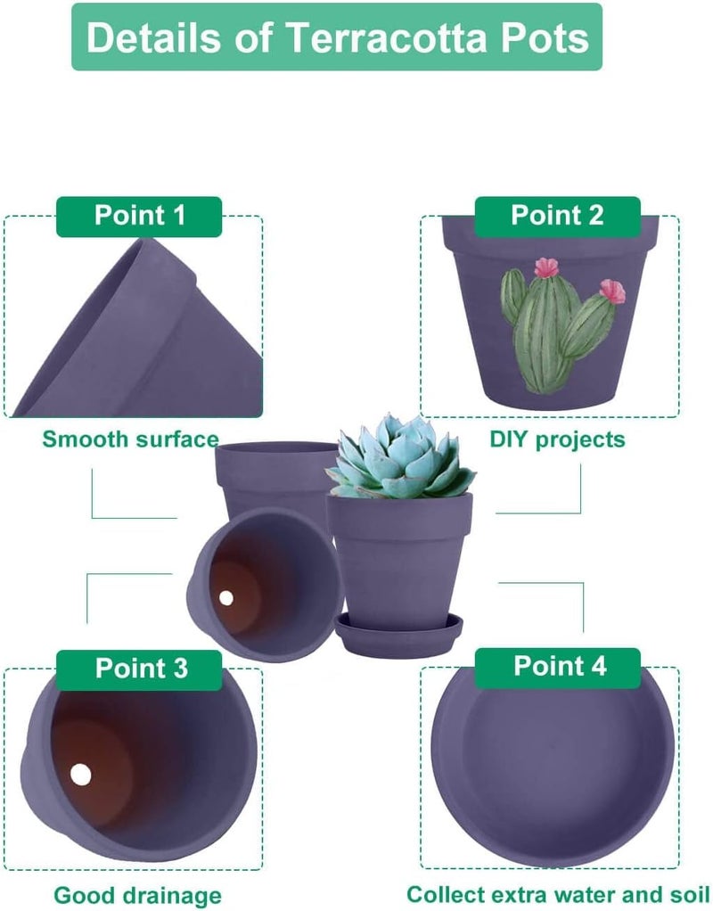 vensovo 4 Inch Small Purple Terracotta Plant Pots with Saucer - 6 Pack Clay Flowerpots with Drainage, Great for Indoor Outdoor Plants, Crafts, Wedding Favor - Image 3