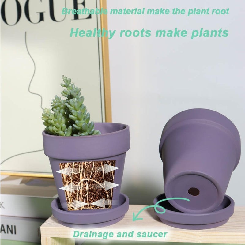 vensovo 4 Inch Small Purple Terracotta Plant Pots with Saucer - 6 Pack Clay Flowerpots with Drainage, Great for Indoor Outdoor Plants, Crafts, Wedding Favor - Image 5