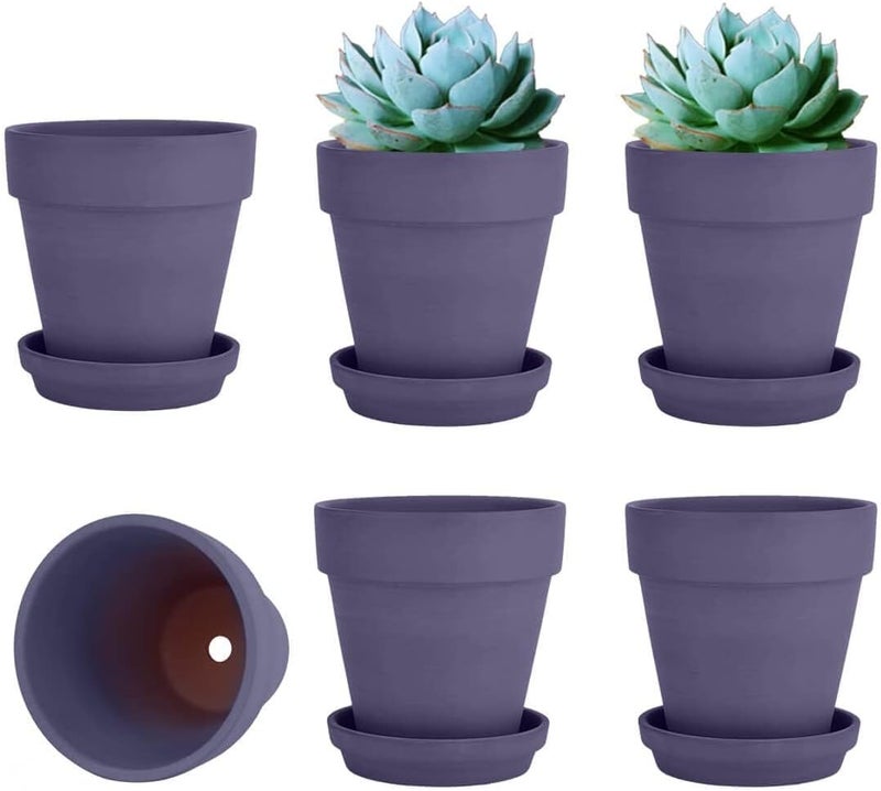 vensovo 4 Inch Small Purple Terracotta Plant Pots with Saucer - 6 Pack Clay Flowerpots with Drainage, Great for Indoor Outdoor Plants, Crafts, Wedding Favor - Image 1