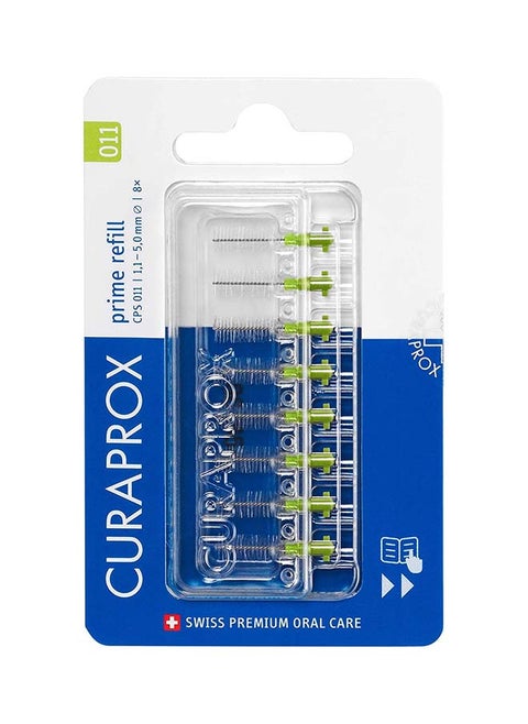 Curaprox CPS 011 Prime Refill Interdental Brushes, Lime Green, 8 Count - 8 x 1.1mm - 5mm Internal Toothbrushes.