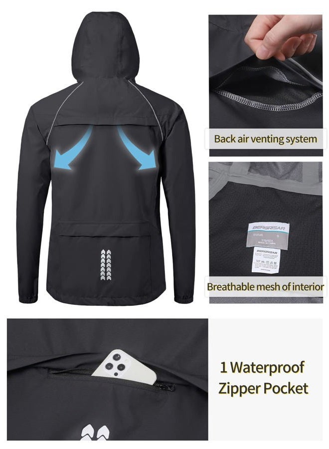 BERGRISAR Men's Cycling Rain Jacket Waterproof Cycling Windbreaker Bike Bicycle Jacket Running Hood Rain Coat black Size XX-Large - Image 4