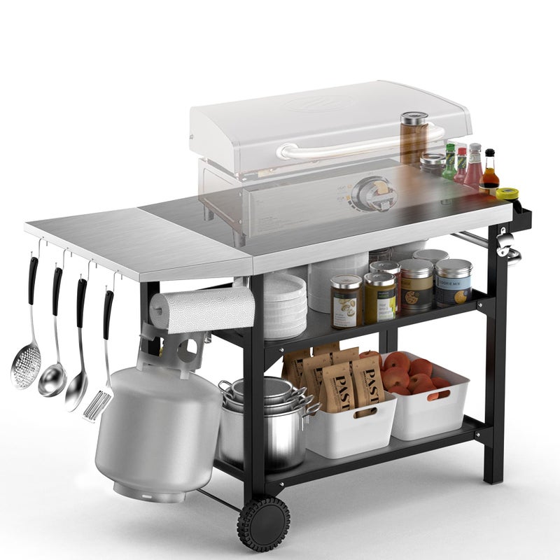 Skyflame Movable Outdoor Dining Cart Table ThreeShelf Stainless Steel BBQ Grill Cart Multifunctional Food Prep Flattop Worktable on Wheels for Kitchen Pizza Oven Patio Grilling Backyard