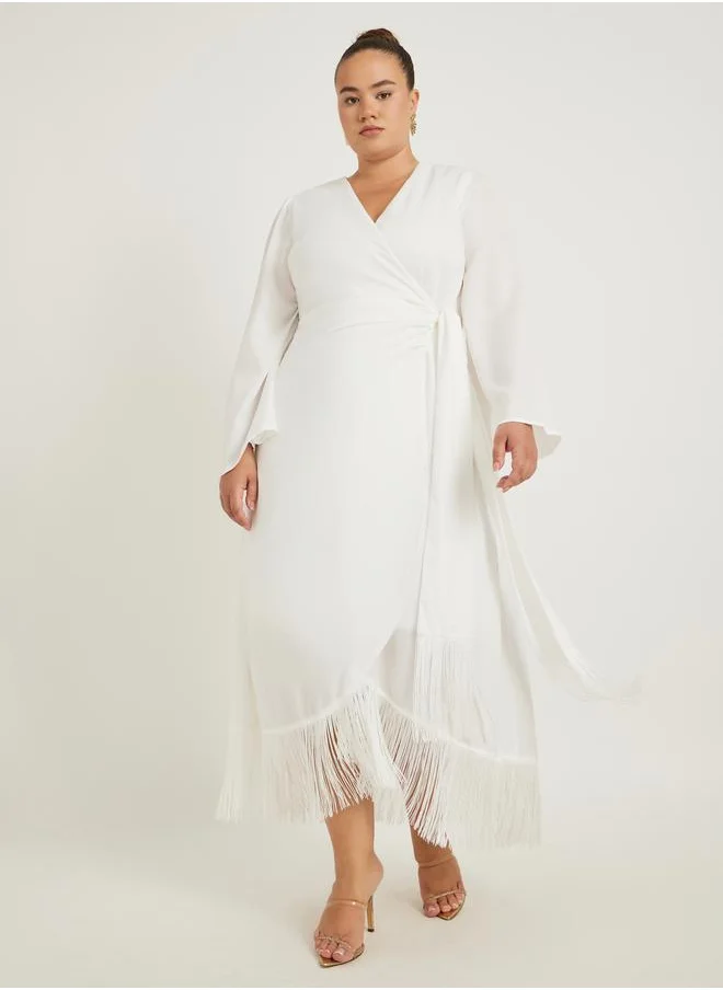 Styli Styli Plus Size Long Sleeves Wrap Maxi Dress with Fringed Hem