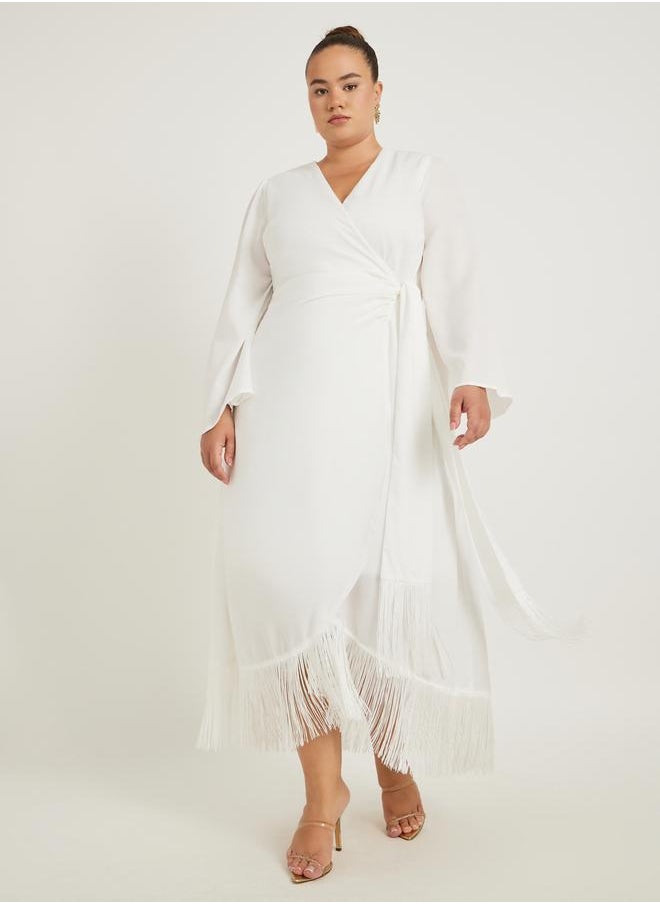 Styli Styli Plus Size Long Sleeves Wrap Maxi Dress with Fringed Hem  - Image 2