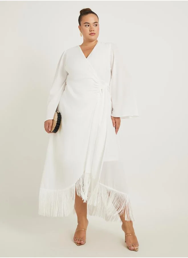 Styli Styli Plus Size Long Sleeves Wrap Maxi Dress with Fringed Hem