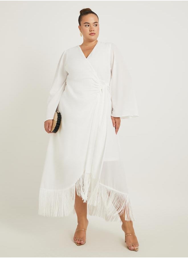 Styli Styli Plus Size Long Sleeves Wrap Maxi Dress with Fringed Hem  - Image 1