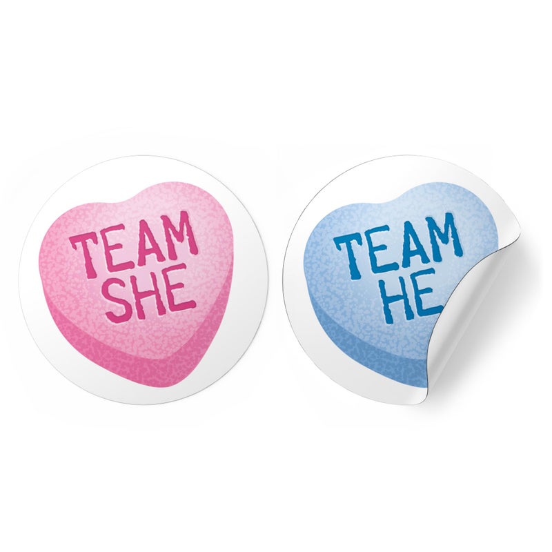 DISTINCTIVS Valentine's Day Gender Reveal Party, Team He or Team She Conversation Heart Stickers, Little Sweetheart Gender Reveal - 40 Labels - Image 1