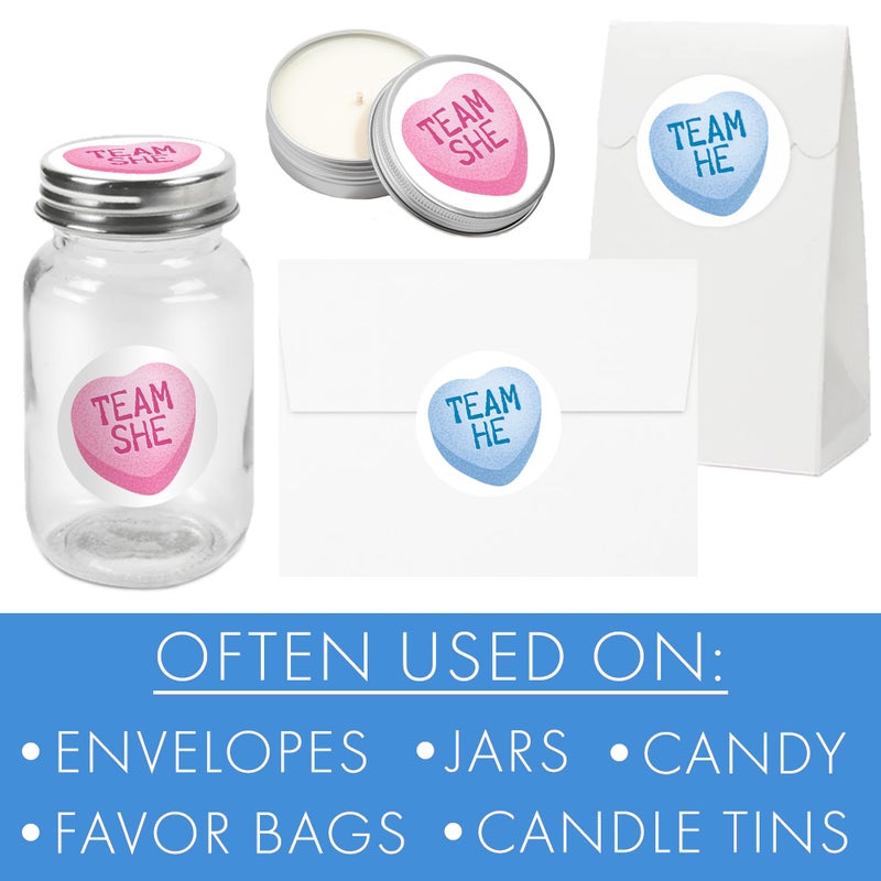 DISTINCTIVS Valentine's Day Gender Reveal Party, Team He or Team She Conversation Heart Stickers, Little Sweetheart Gender Reveal - 40 Labels - Image 4