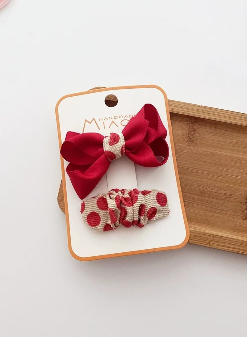 Generic 4 Pcs, Sweet Little Girl Red and Beige Polka Dots Hair Accessories Set, British Style Knitted Hairpin, Small Hair Clips, Gift for Kids - Image 2