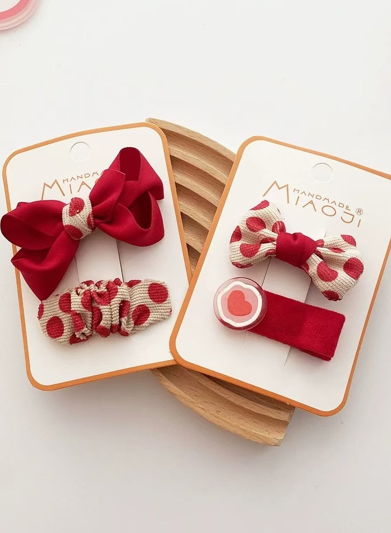 Generic 4 Pcs, Sweet Little Girl Red and Beige Polka Dots Hair Accessories Set, British Style Knitted Hairpin, Small Hair Clips, Gift for Kids - Image 1