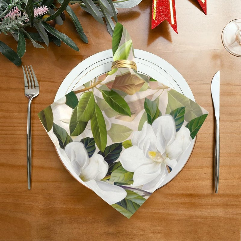 susiyo White Magnolia Flowers Cloth Napkins Dinner Napkin Set of 6 for Kitchen Parties Weddings Cocktail Christmas Halloween Thanksgiving Festivals - Image 3