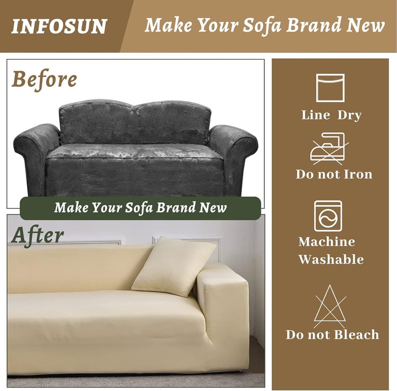 INFOSUN Stretch Sofa Slipcover, Elastic Fabric Fashion Printed Waterproof Armchair Loveseat Couch Living Room Sofa Covers Pet Protector Mat Cushion Cover with 1 Pillowcase(Beige, 4 seater,92" - 118") - Image 3