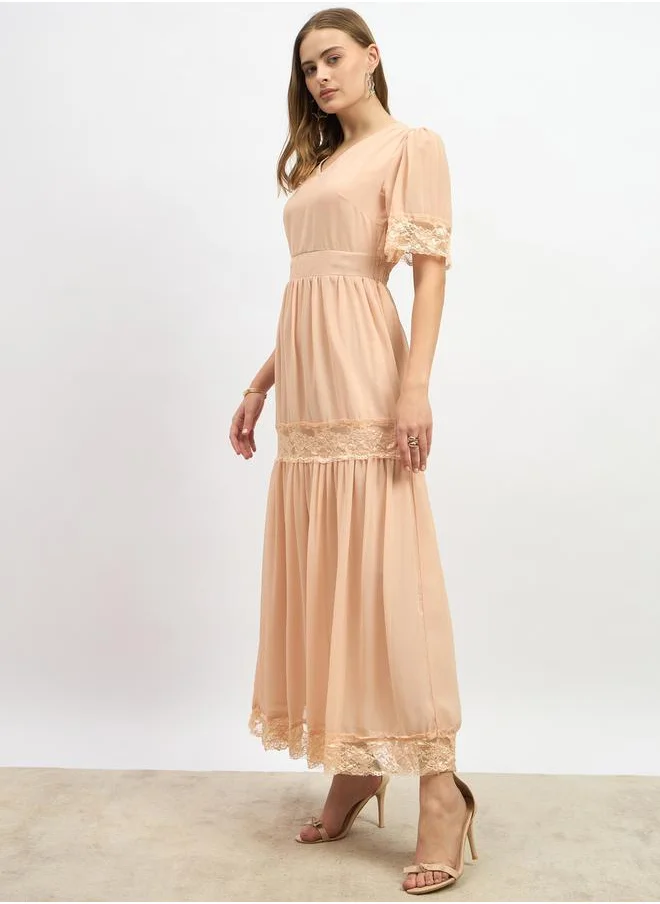 Styli Plain Flared Sleeves Tiered Maxi Dress with Lace Trim