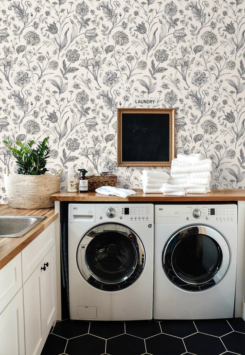 lenify Black and Beige Peel and Stick Wallpaper Botanical Contact Paper 16.9inch x 118.1inch Floral Wall Paper Peel and Stick for Bathroom Bedroom Removable Self Adhesive Wallpaper Decor Vinyl - Image 2